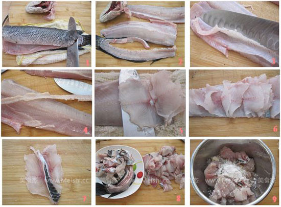 小心的将骨肉分离后,再将鱼肚上的刺片掉,最后用斜刀将鱼片切薄片即可
