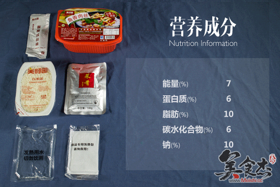 白米饭260克,菜肴140克,发热包一袋,发热用水一袋,带包装餐具一套
